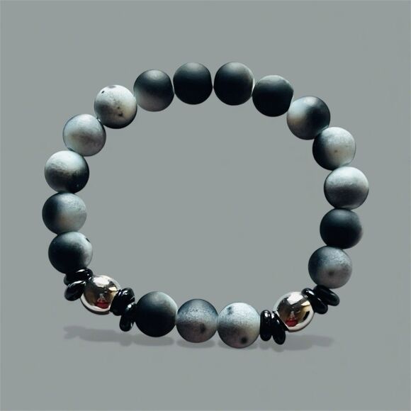 Handmade Coated Glass 10mm Beaded Bracelet 7.5" Man Woman Black Grey And Silver - Picture 1 of 4
